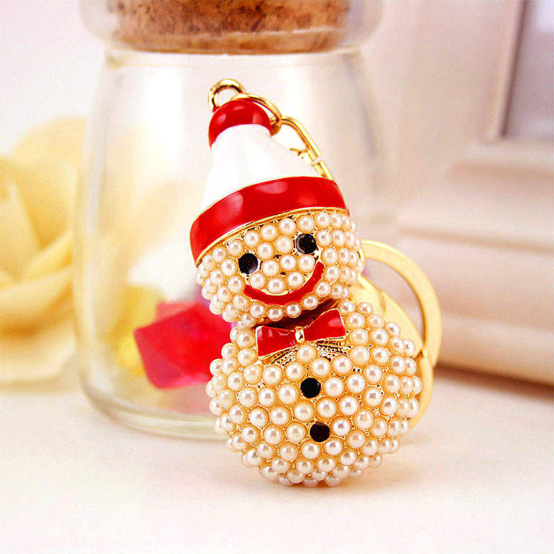 Wholesale Christmas Zinc Alloy Cartoon Pearl Snowman Keychain